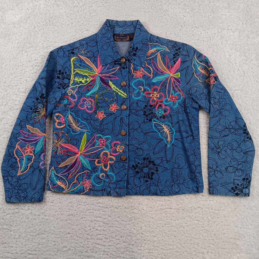 New Direction Denim Jacket Womens Large Blue Floral Embroidered Button Up Boho